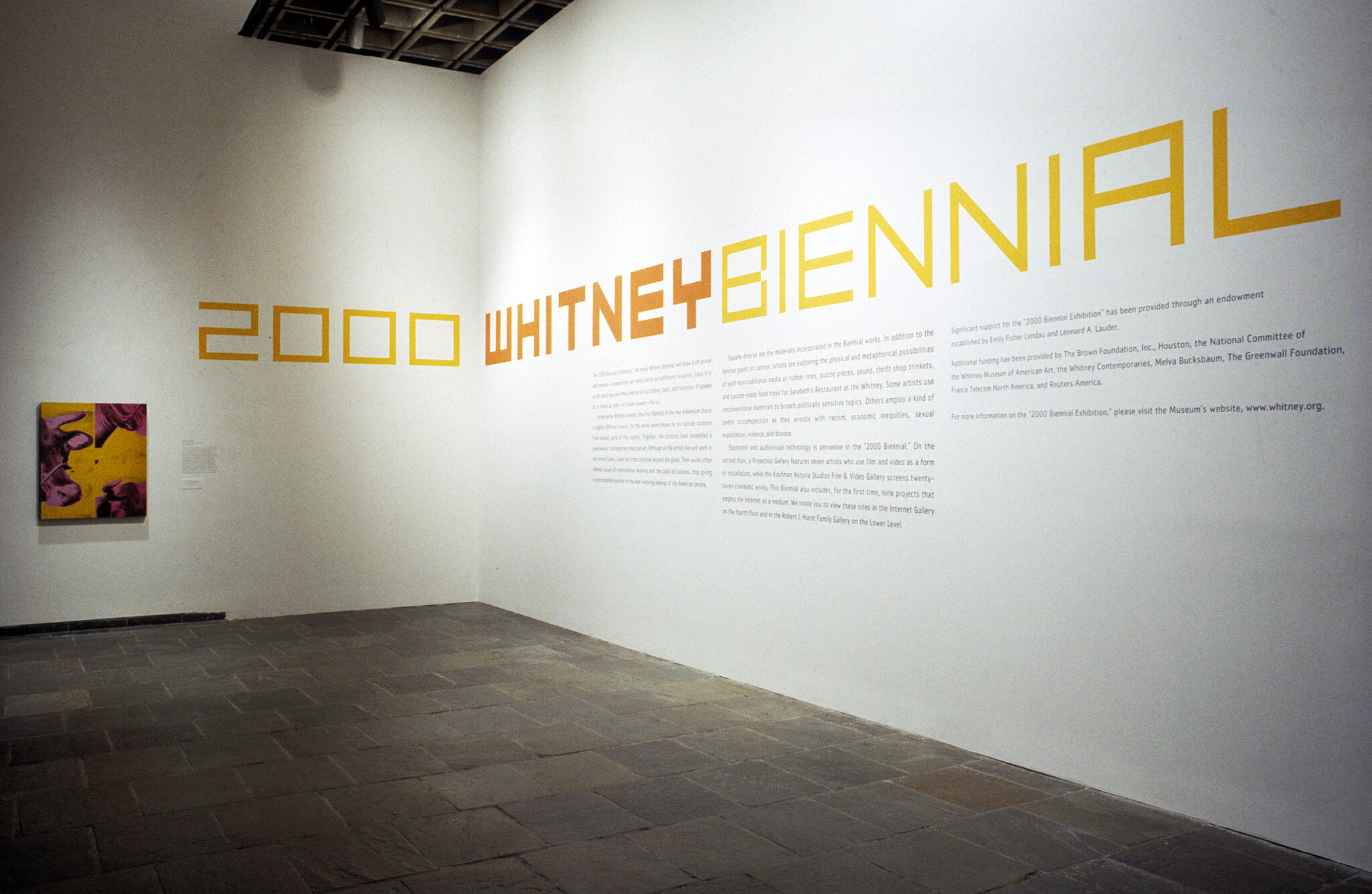 Work of art in a gallery, with the text "2000 Whitney Biennial" on the wall.
