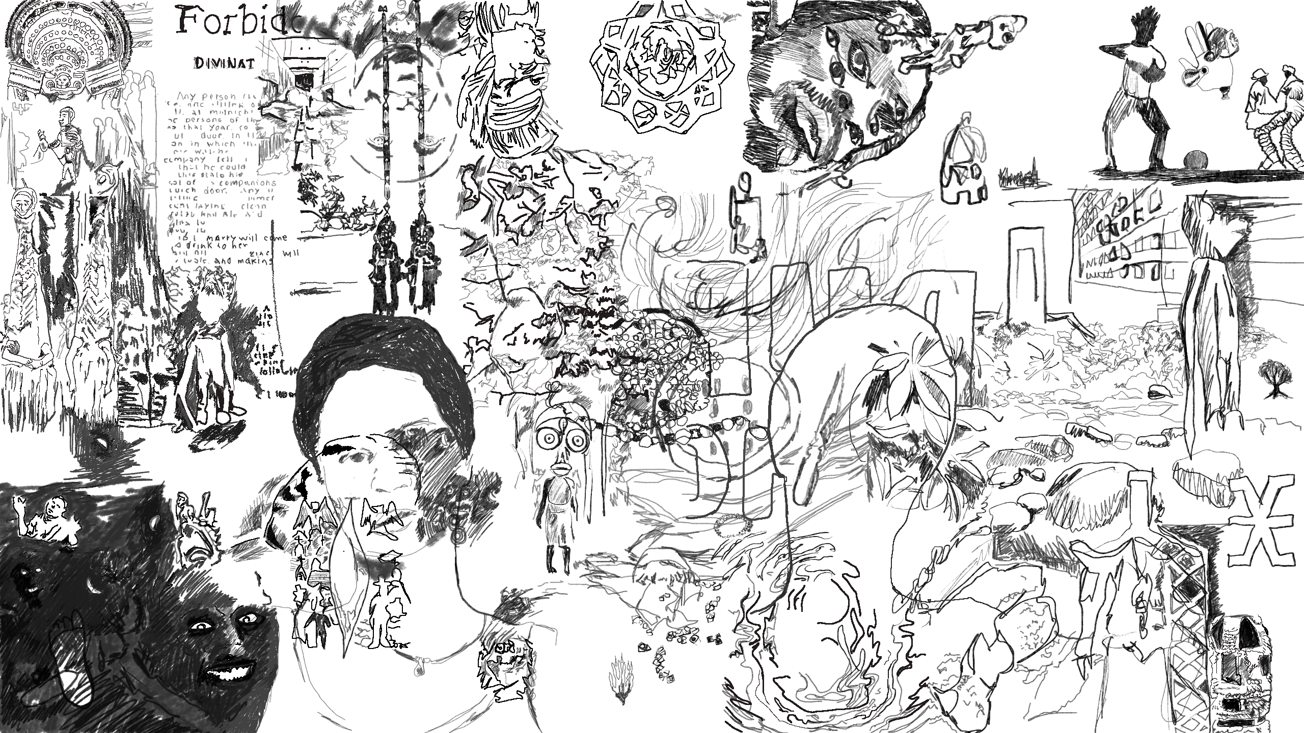 A collage of black ink drawings on a white background. 