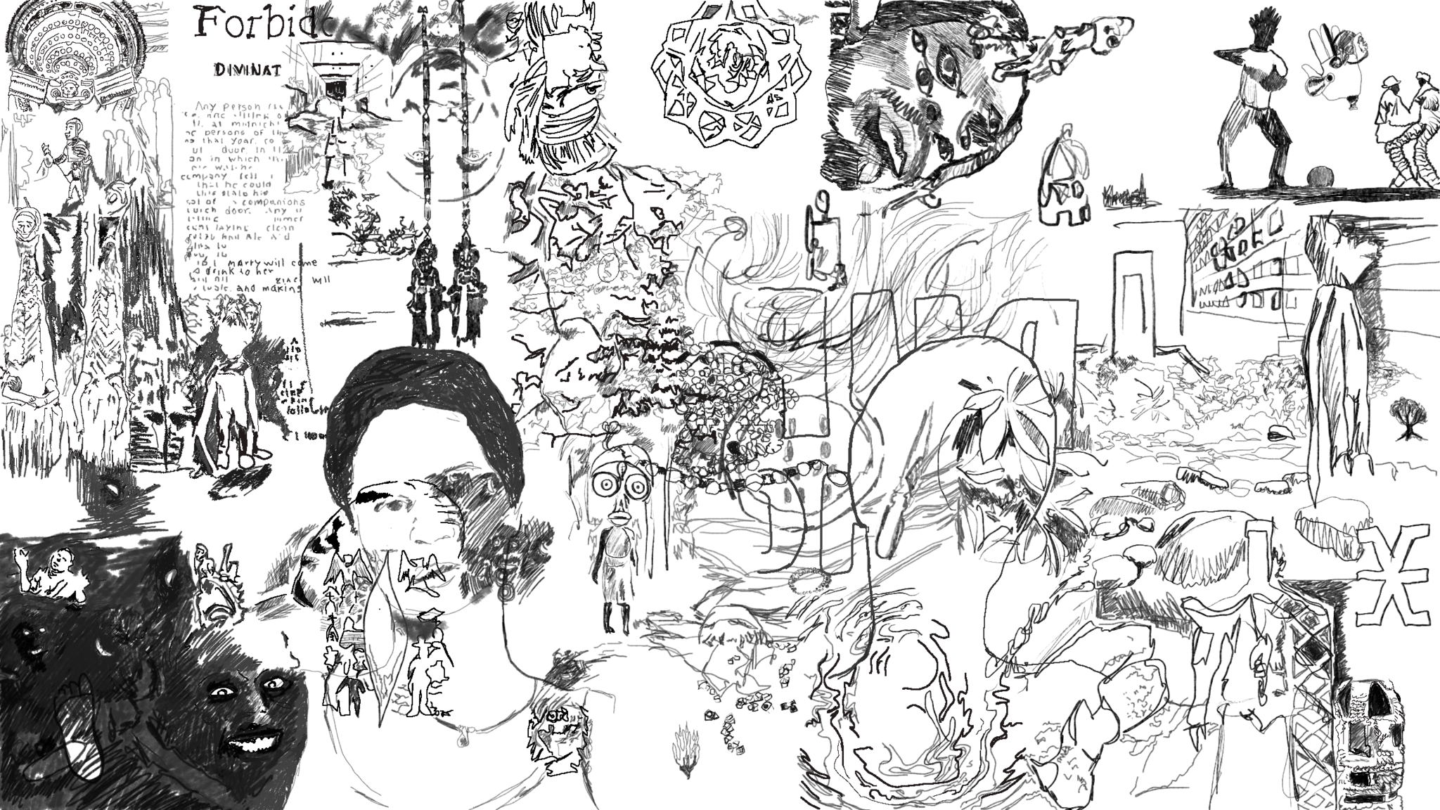 A collage of black ink drawings on a white background. 