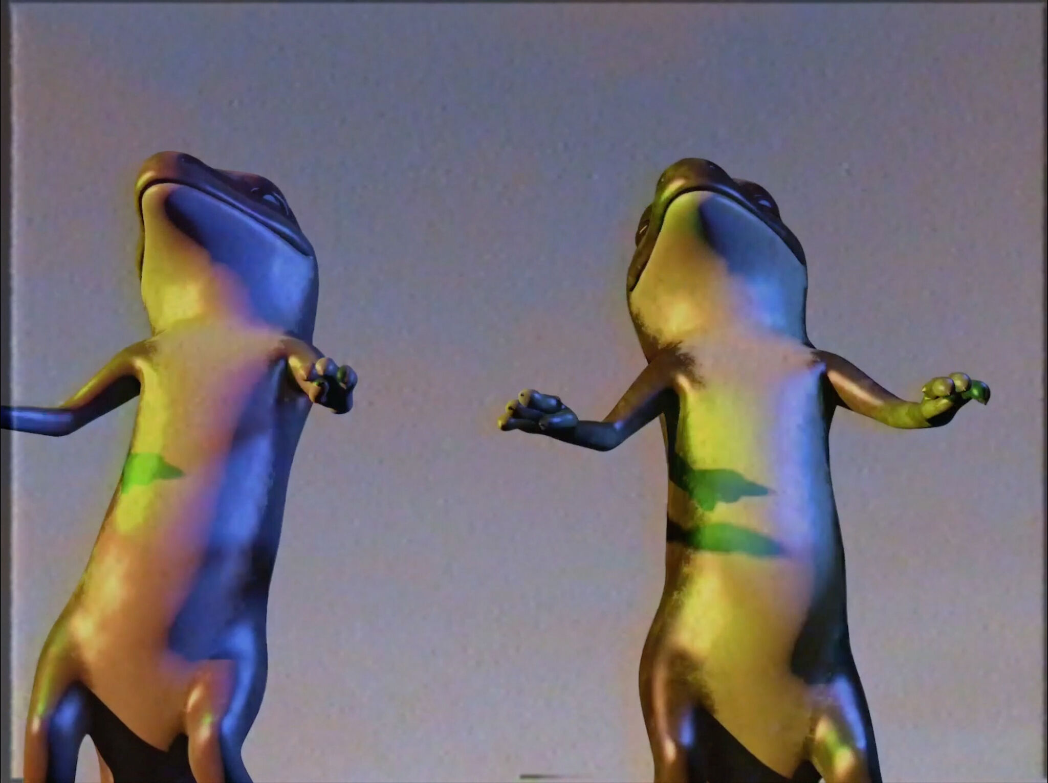 A film still featuring two animated lizards standing next to each other with an open sky behind them.