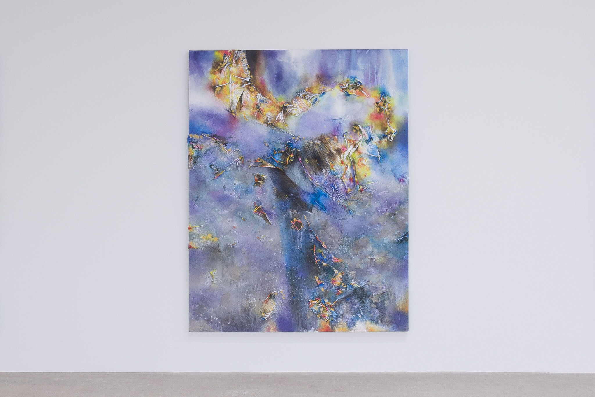 An installation shot of a work mounted on a white exhibition wall. The work features an abstract color gradient with blue, purple, orange, and yellow. 