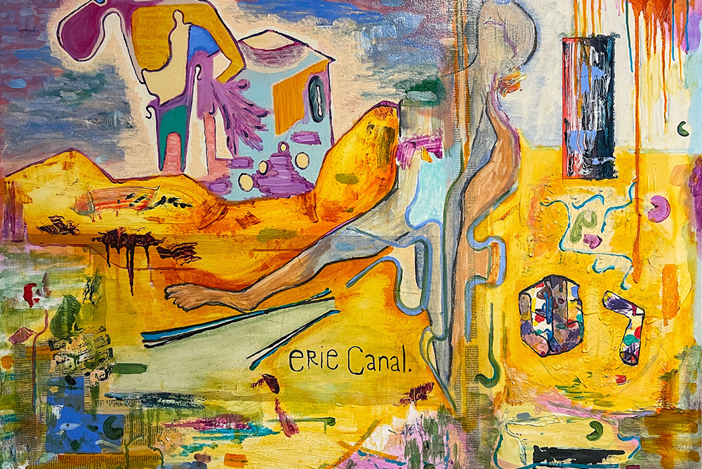 An abstract work with vivid colors and the text "erie Canal".