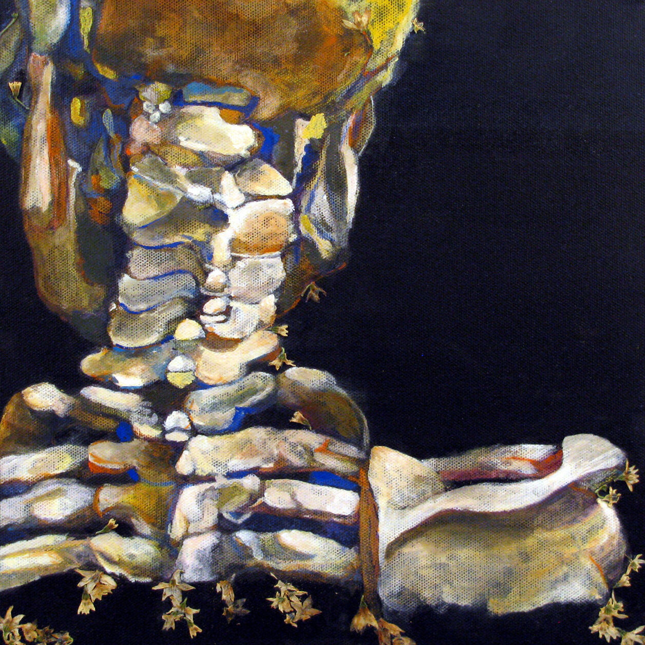 A painterly depiction of bones and flowers in a watery color palette. 