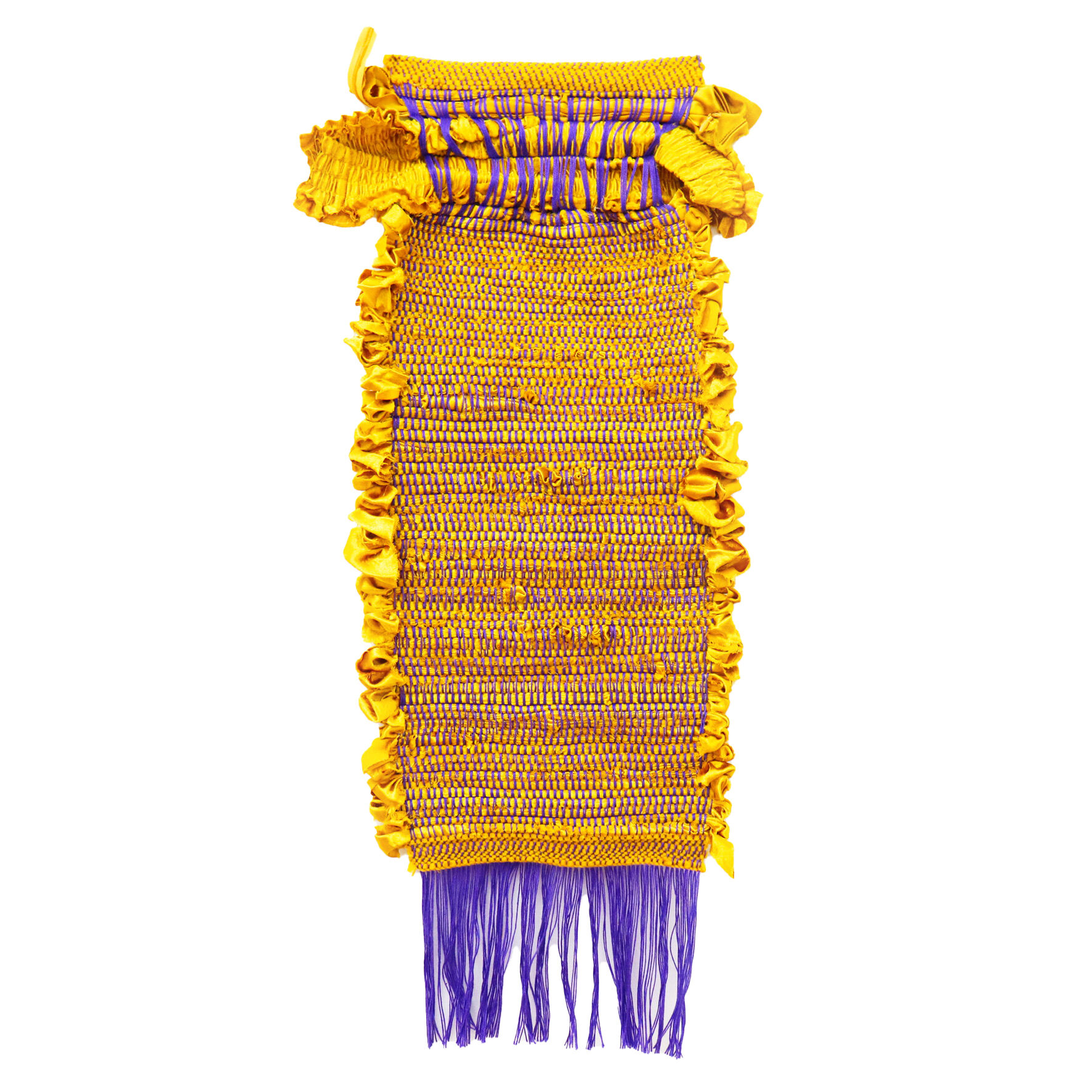 A vertical gold and purple weaving with voluminous folds of cloth on the sides and a fringe of purple warp at the bottom. 