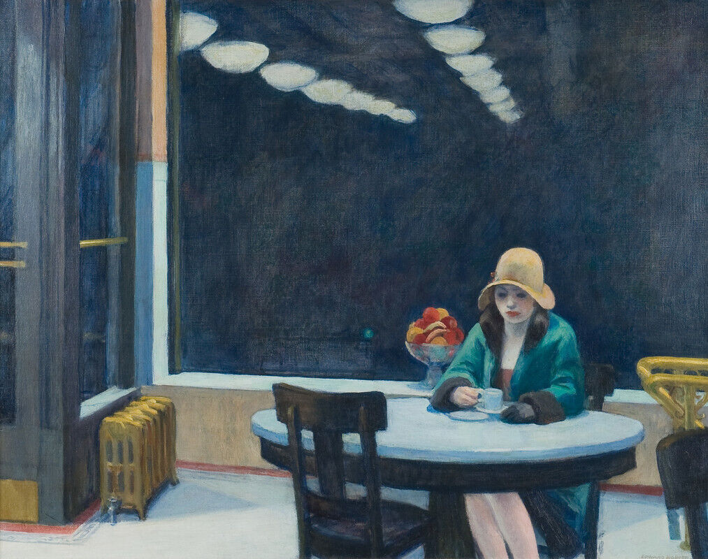 Edward Hopper painting "Automat" 1927, depicting woman seated in cafe with cup of coffee.