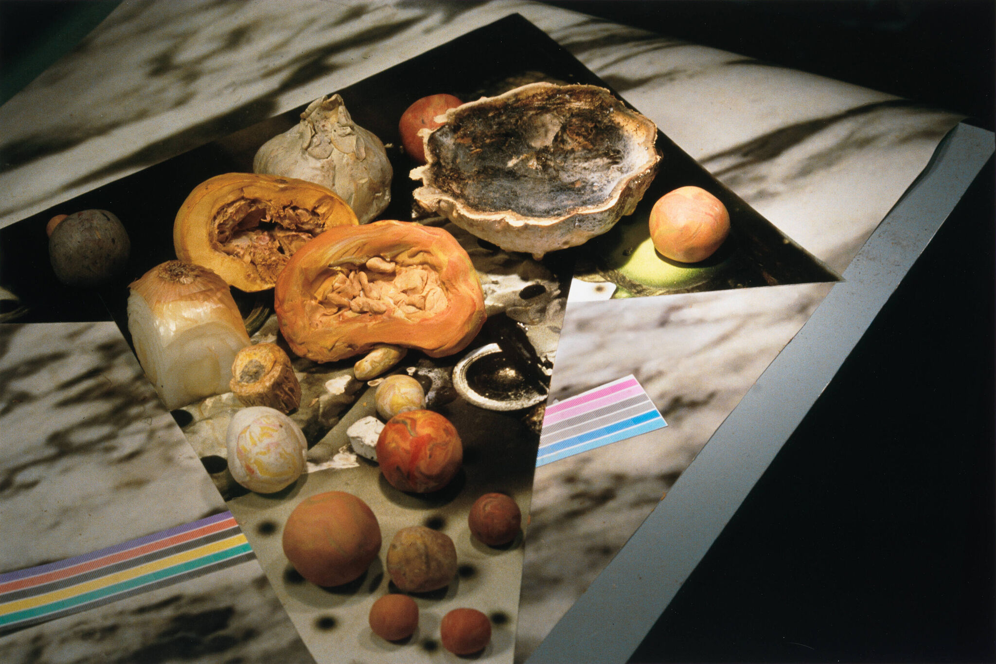 A marble table with decomposing food. 