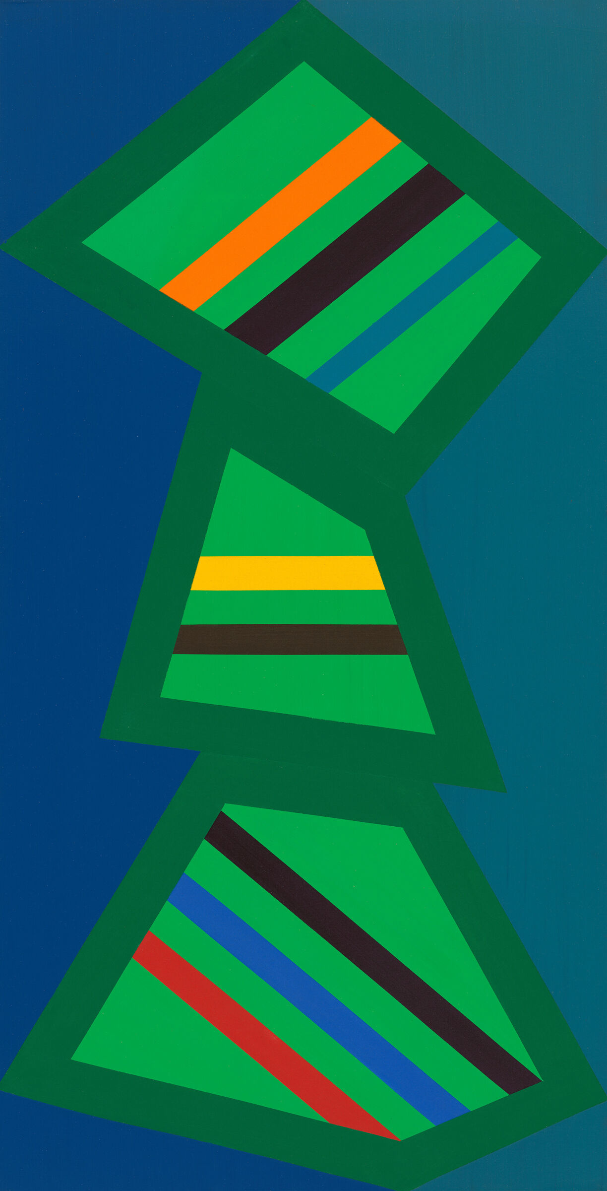 A blue background with teetering shapes in green with colored stripes. 