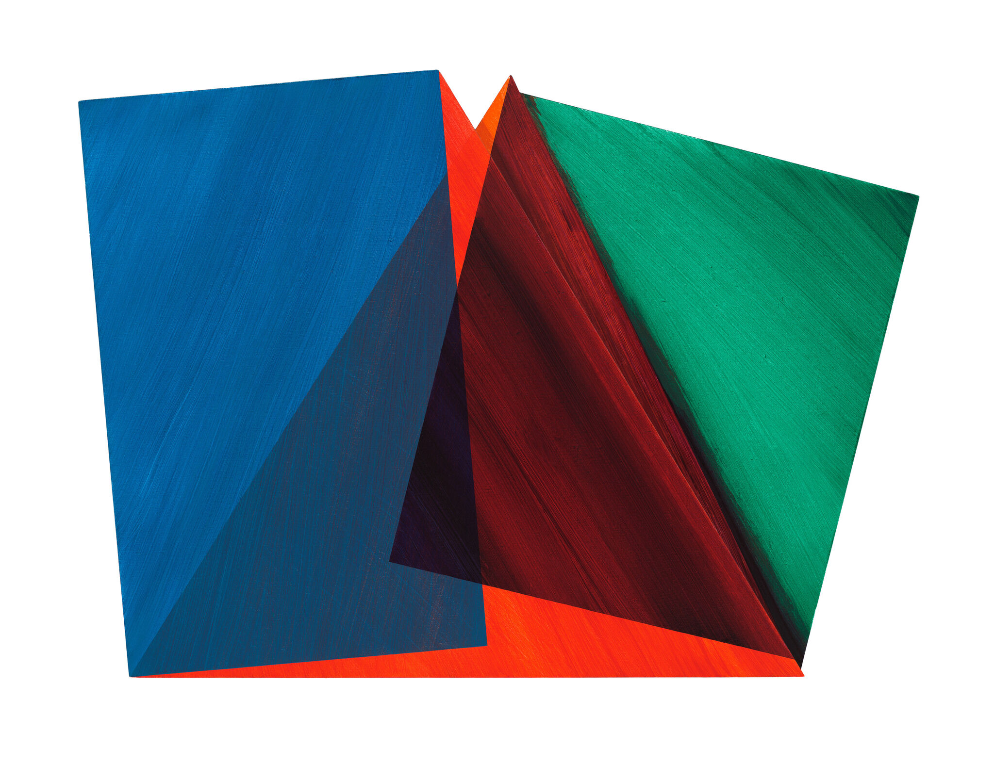 A blue vertical rectangle tilting to the left overlaps with a green rectangle tilting to the right. Layered with the two rectangles are orange and red triangles.