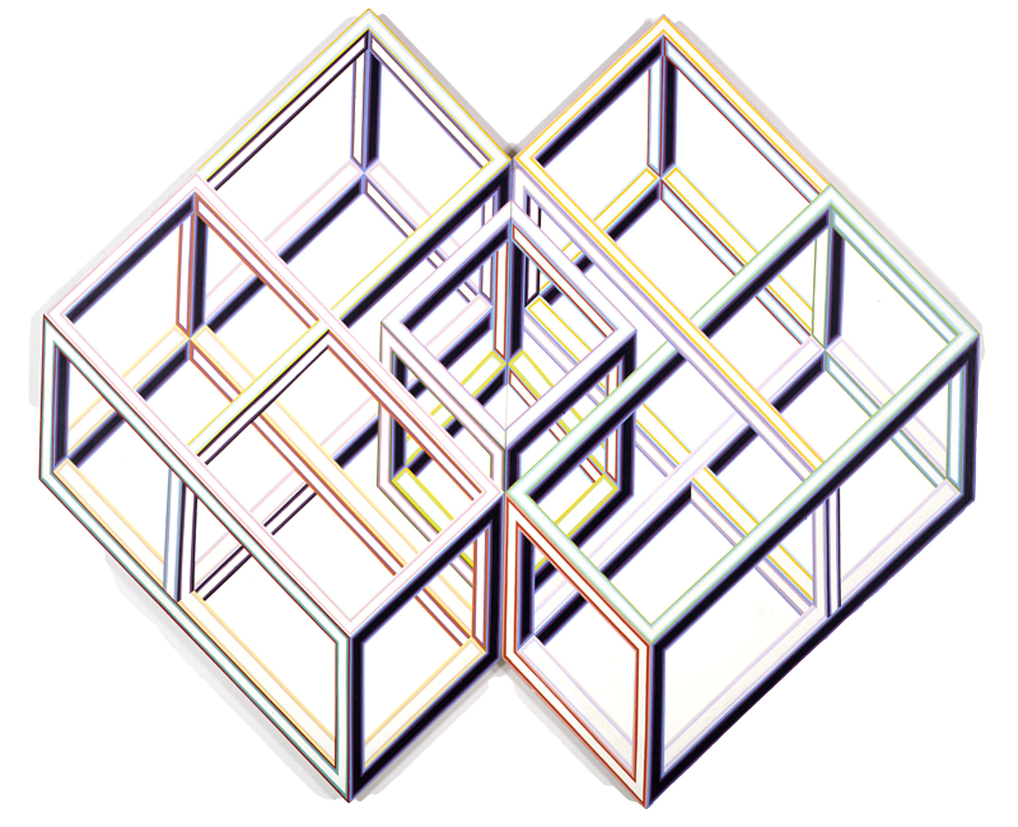 A rendering of two overlapping boxes and many boxes within.