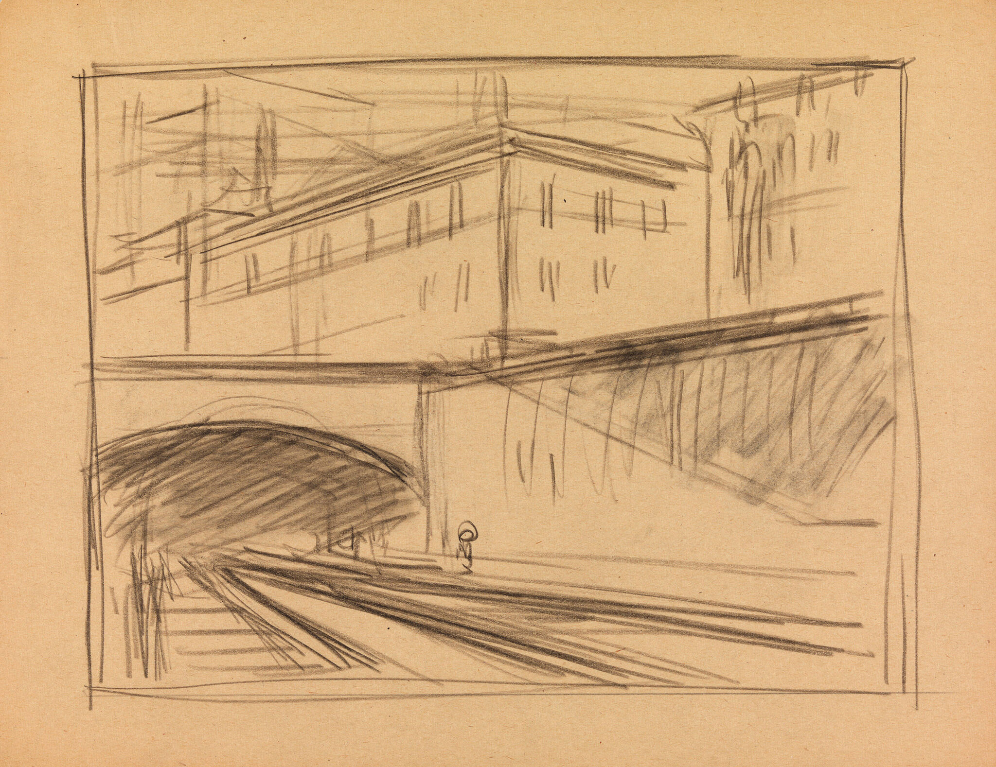 A sketch of a solitary entrance to an underground train track.