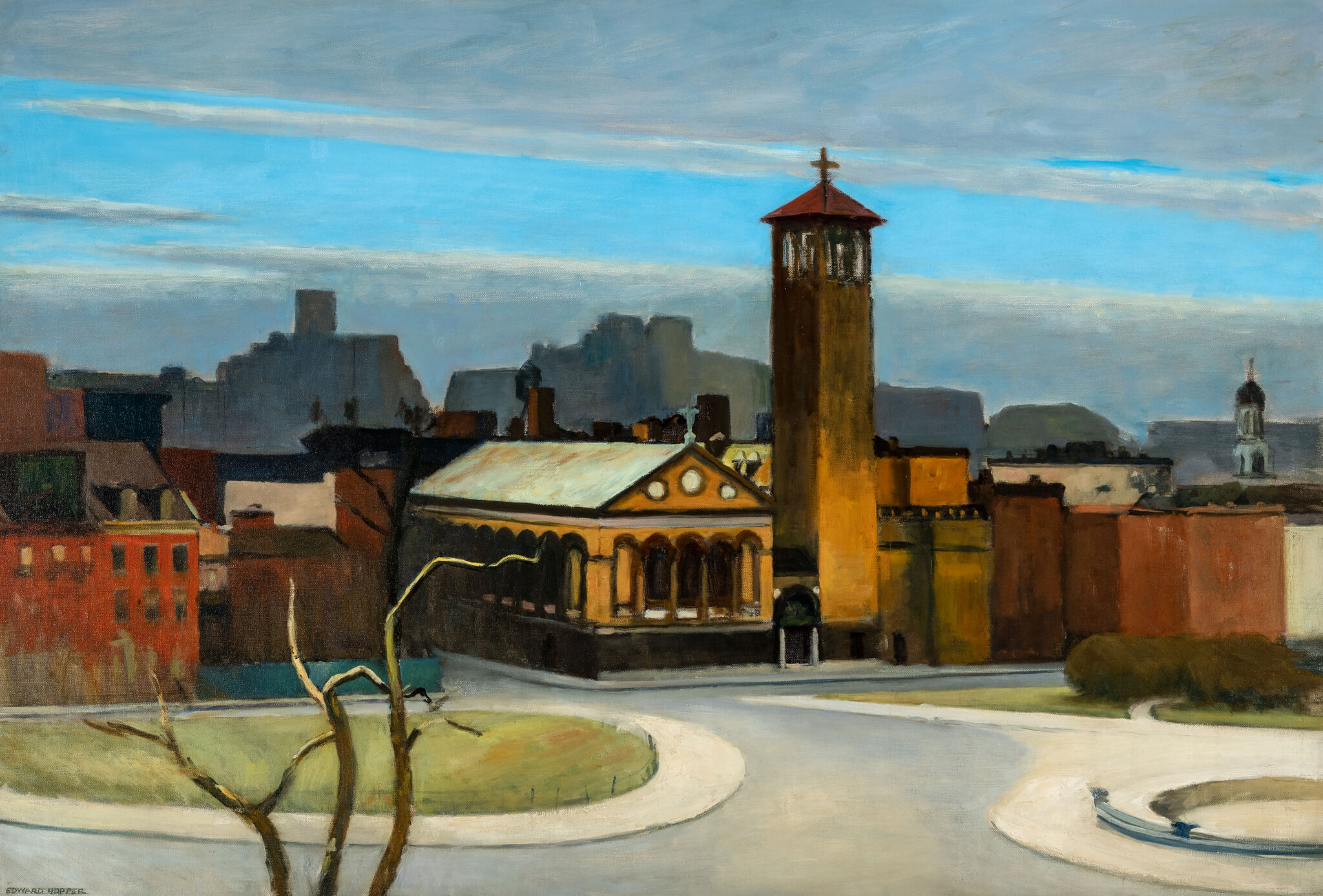 A painting of a city square with a tall tower. 