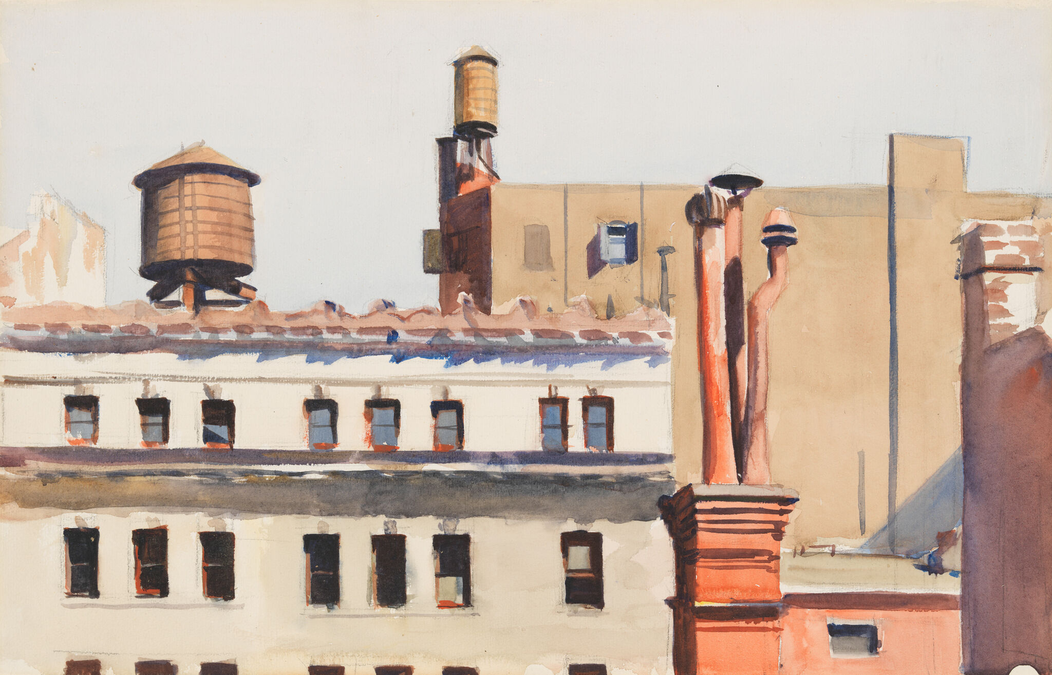 A watercolor of a skyline of rooftops at eye level in bright cheery colors.
