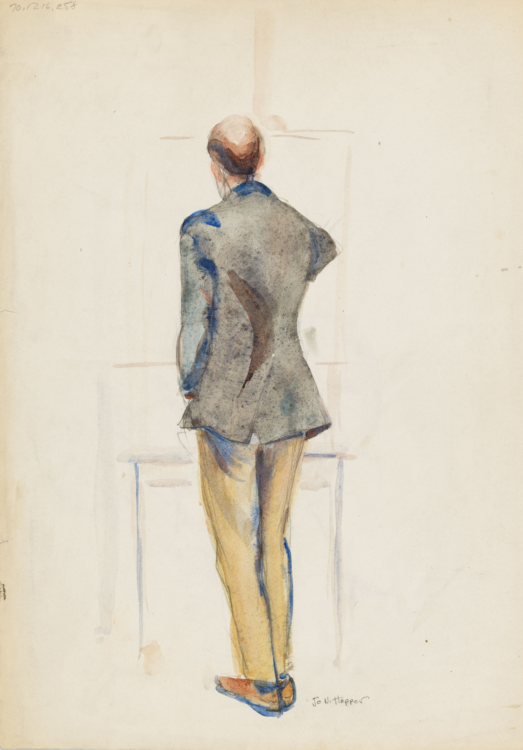 A watercolor of the back of a man in a blue jacket.