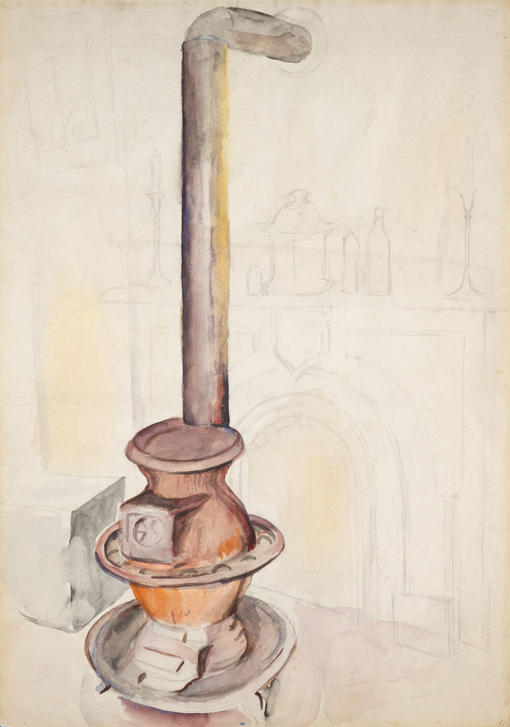 A watercolor of a stove with a tall pipe.