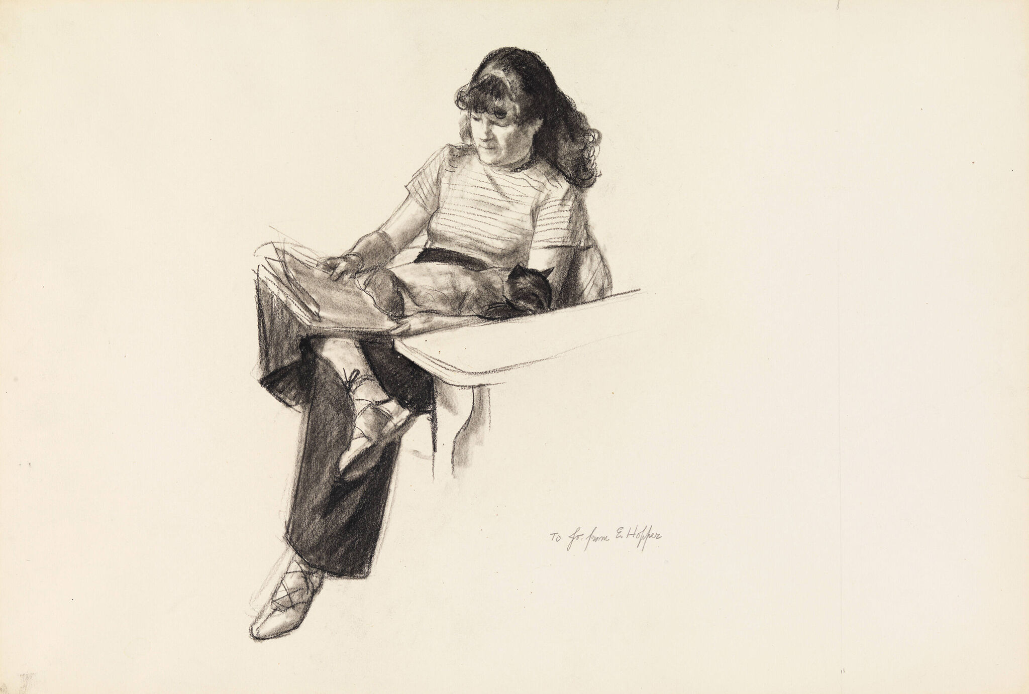 A sketch of a woman reading slouched in a chair