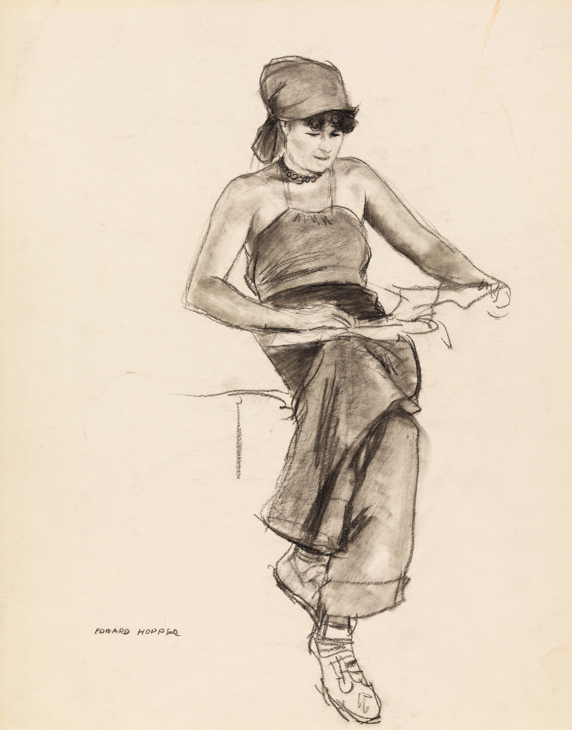 A sketch of a woman in a chair reading wearing a handkerchief on her head.