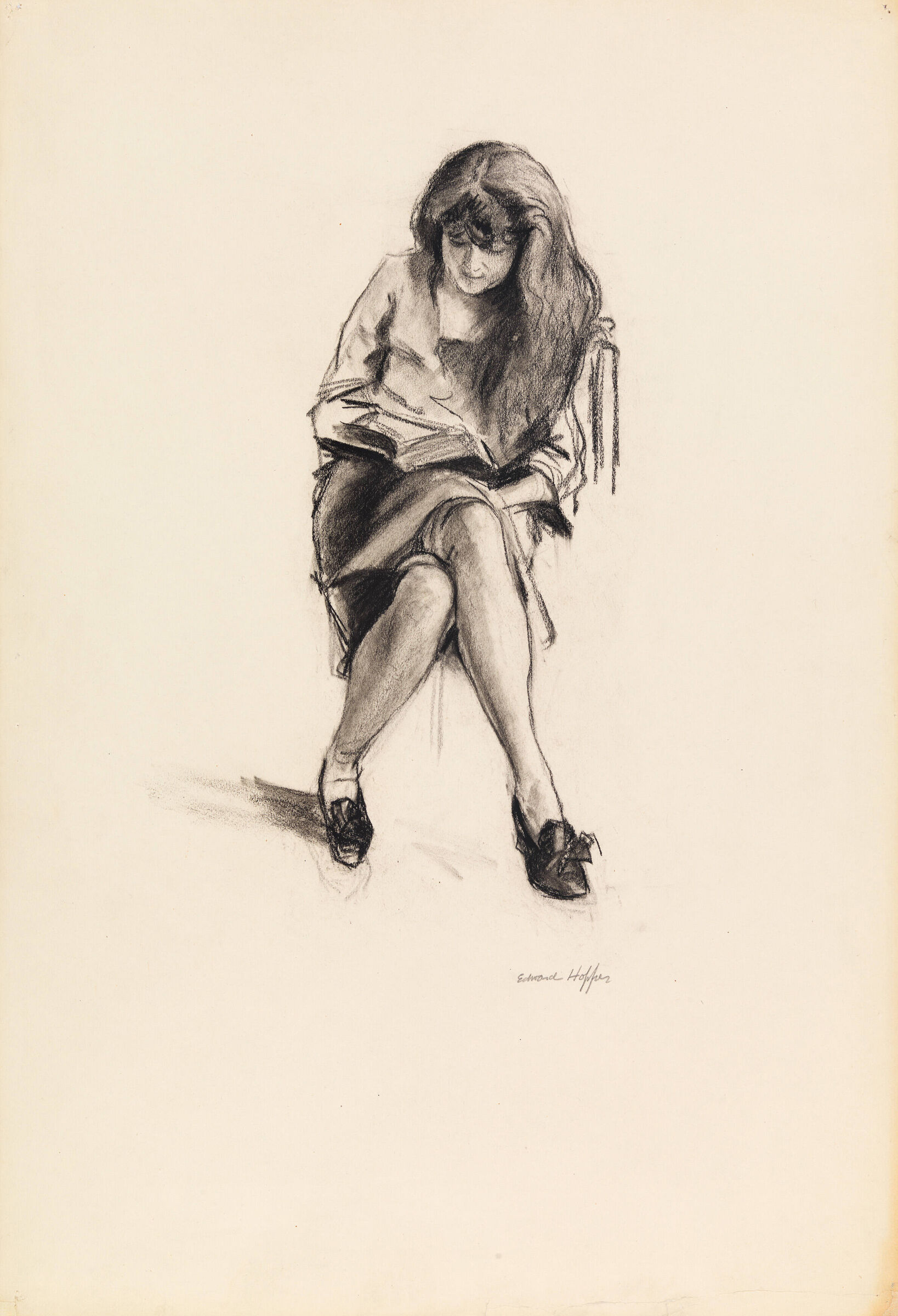 A sketch of a woman sitting on a chair with her long hair draped over her shoulder reading.