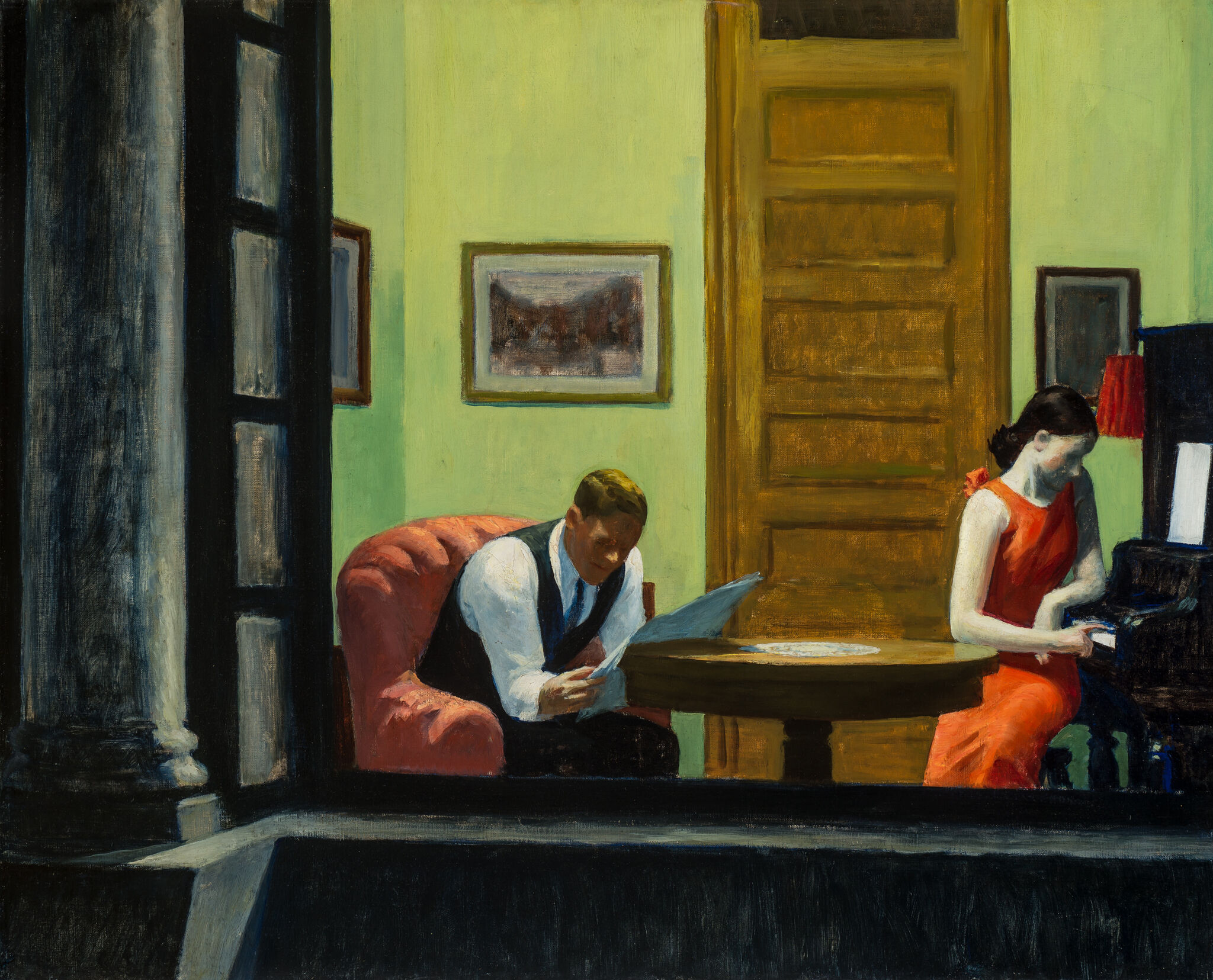 Through a window we see a woman in a red dress at a piano and a man reading a paper.