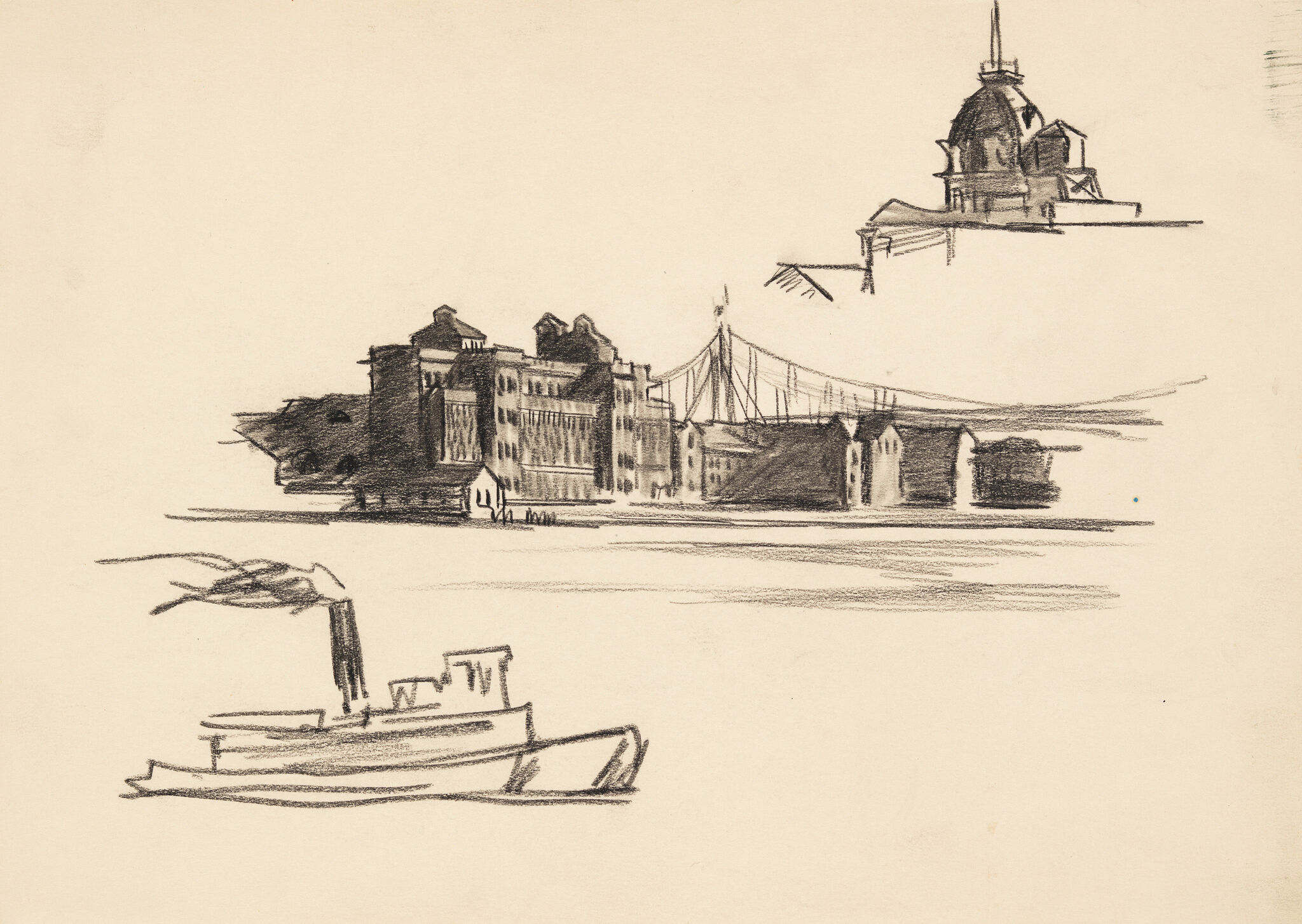 A sketch of a boat and buildings.
