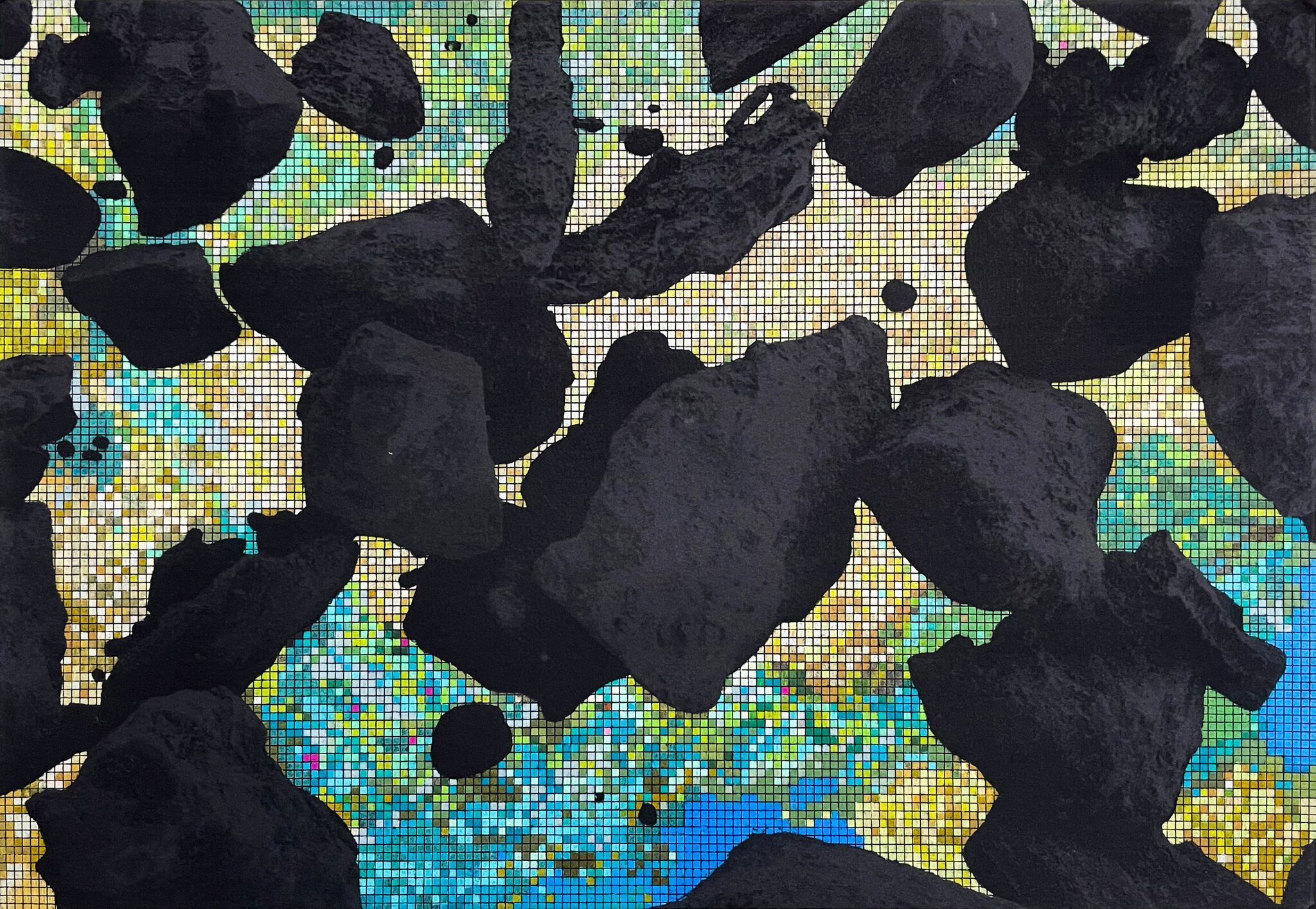 Black and gray rocks float in space with a pixelated blue and yellow graphic in the background.