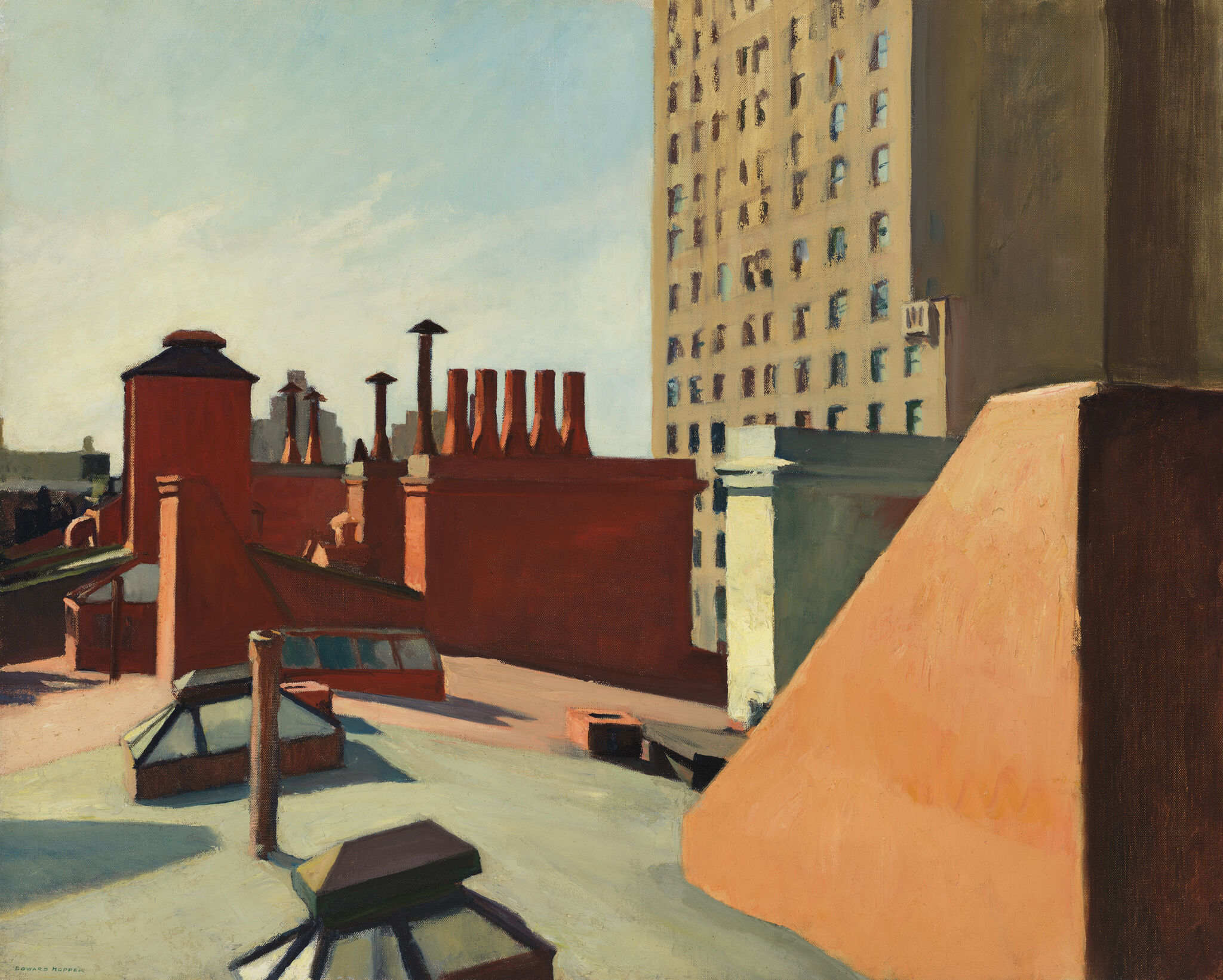 Edward Hopper painting City Roofs featuring a view from the rooftop view from an urban building