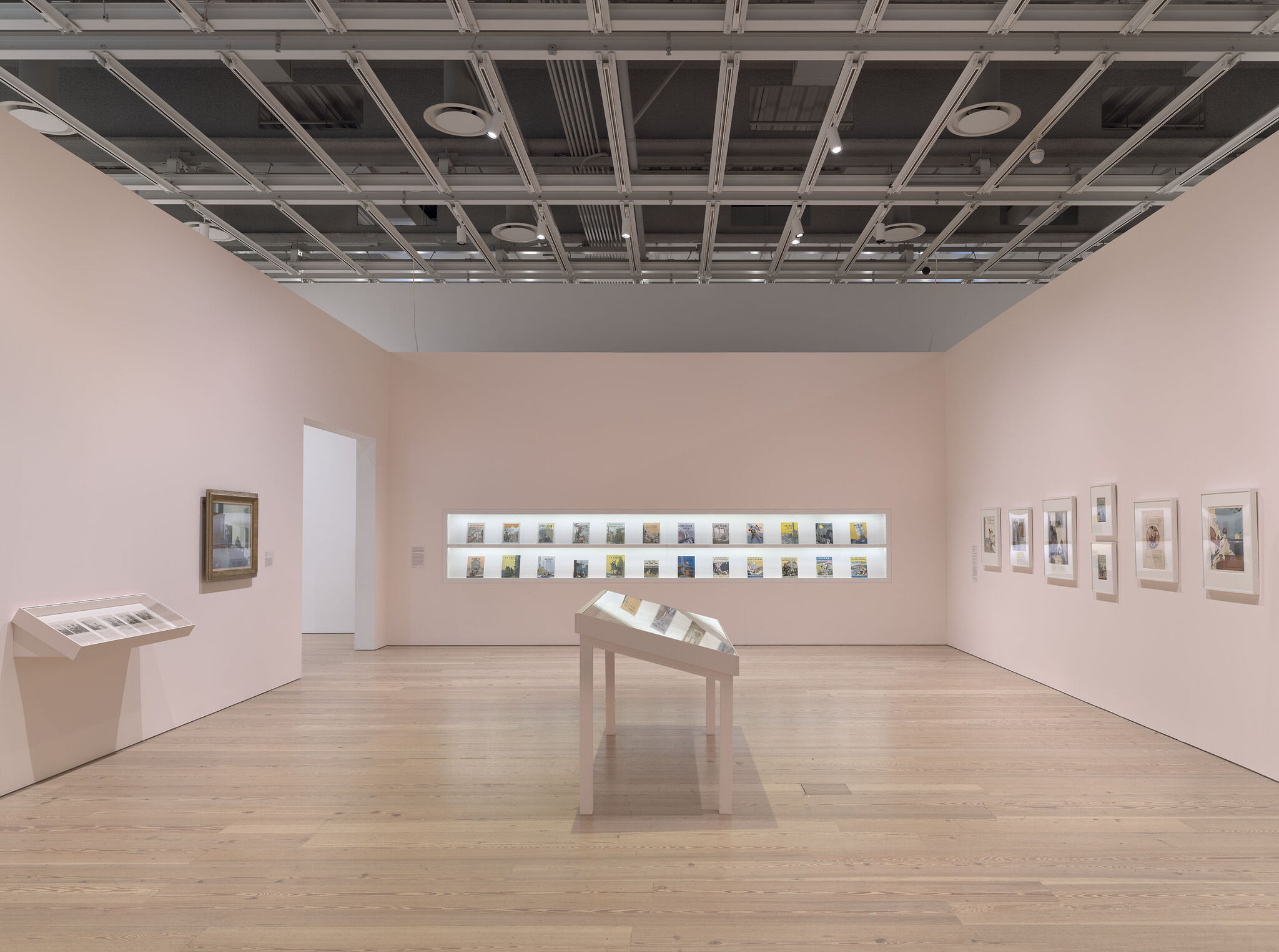 Gallery walls with artwork hung up and vitrines. 