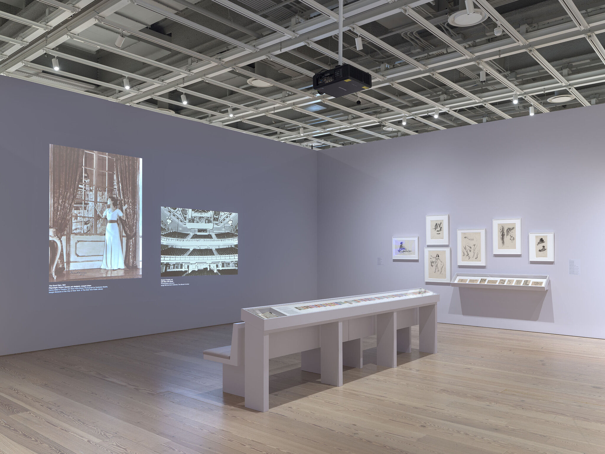 Gallery walls with artwork hung up, a video projection on the wall, and vitrine in the center. 