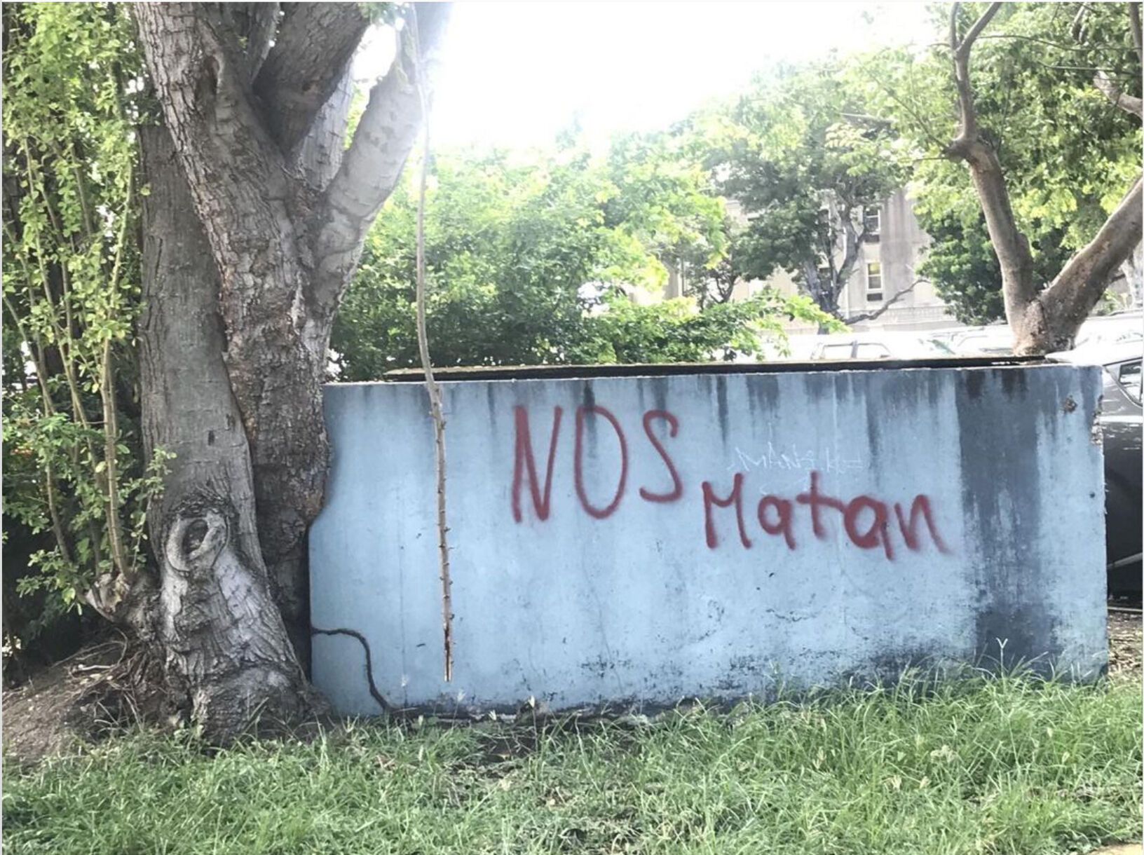 Graffiti written on a cement wall in red reading "nos matan".