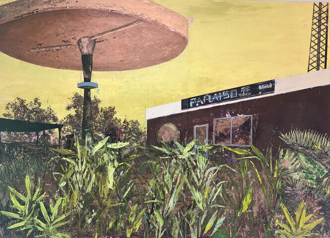 Green plants grow in front of a building and other structures in this painting. The sky behind is golden yellow.