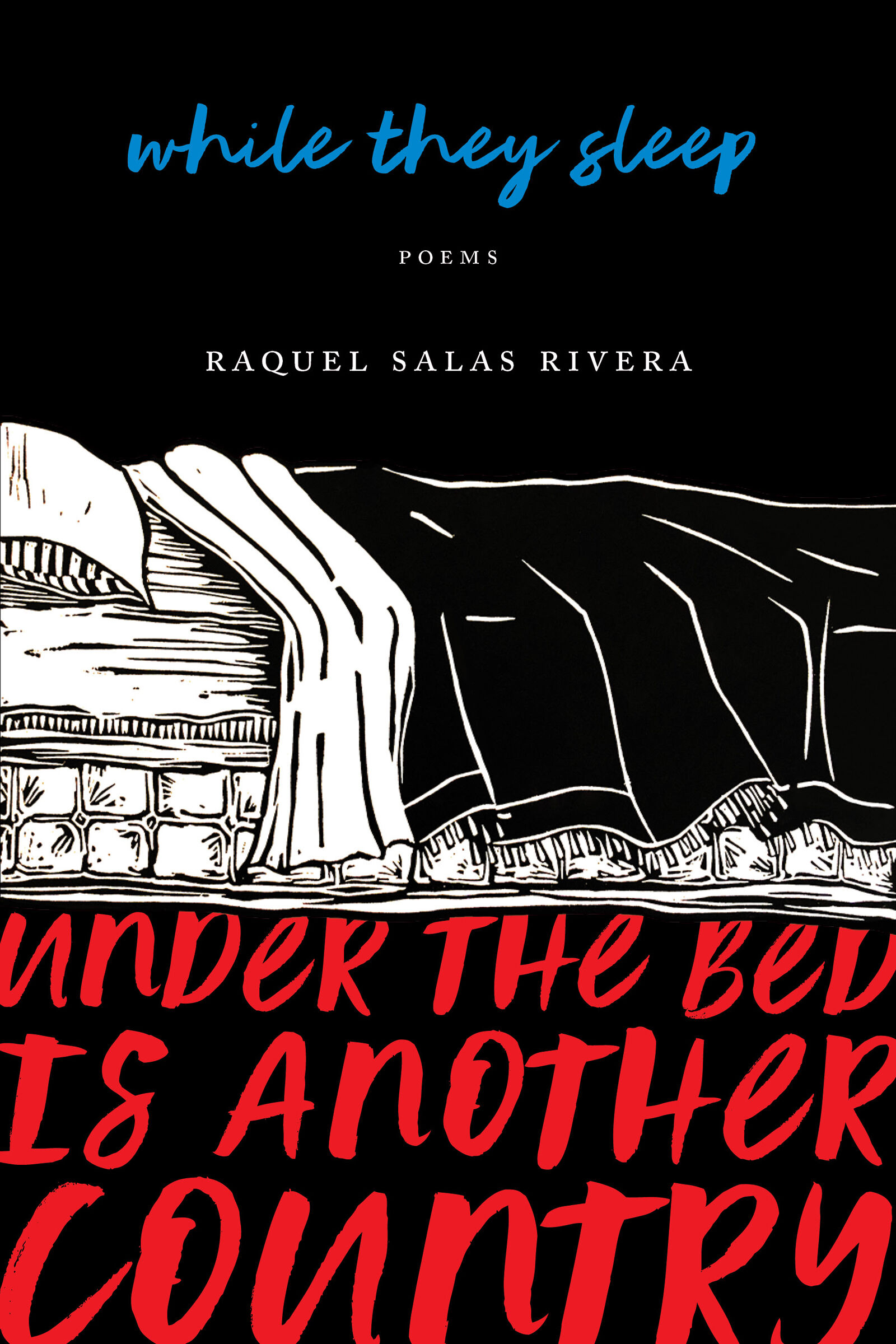 Graphic cover of a book with red text on a black background and a sketch of a bed in white.