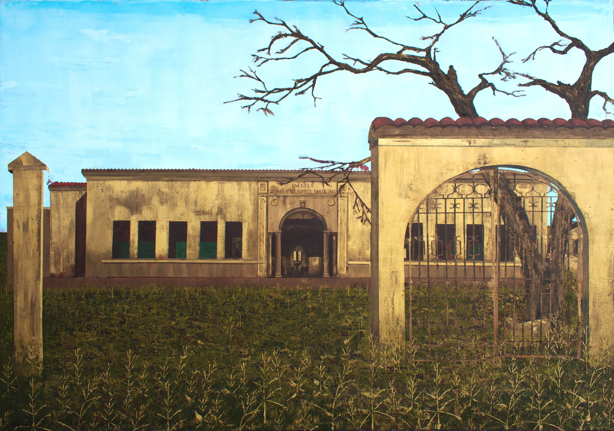 A weatherworn building with grass and a barren tree. 