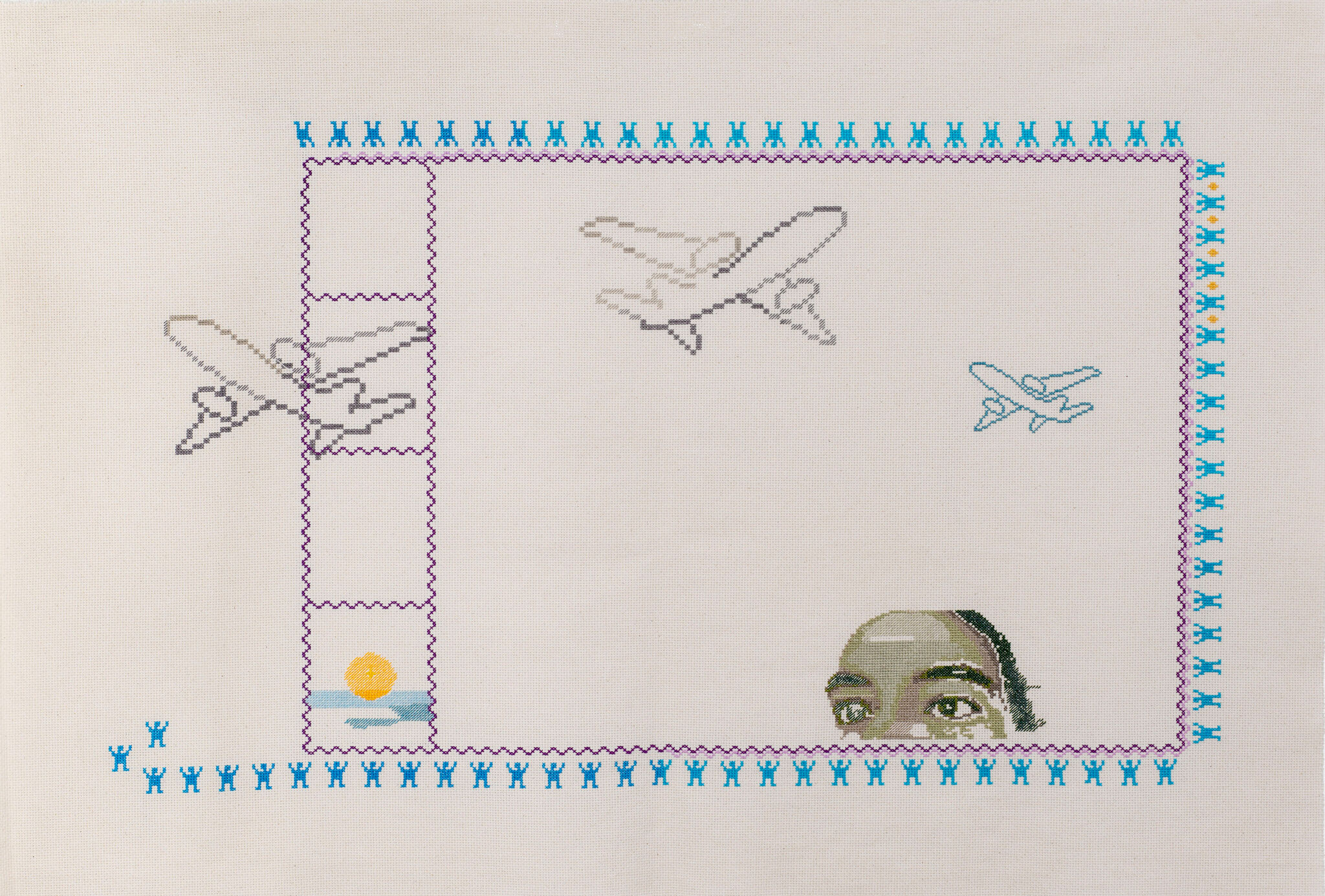 Thread embroidered on cloth to show planes and a face peering up at them.