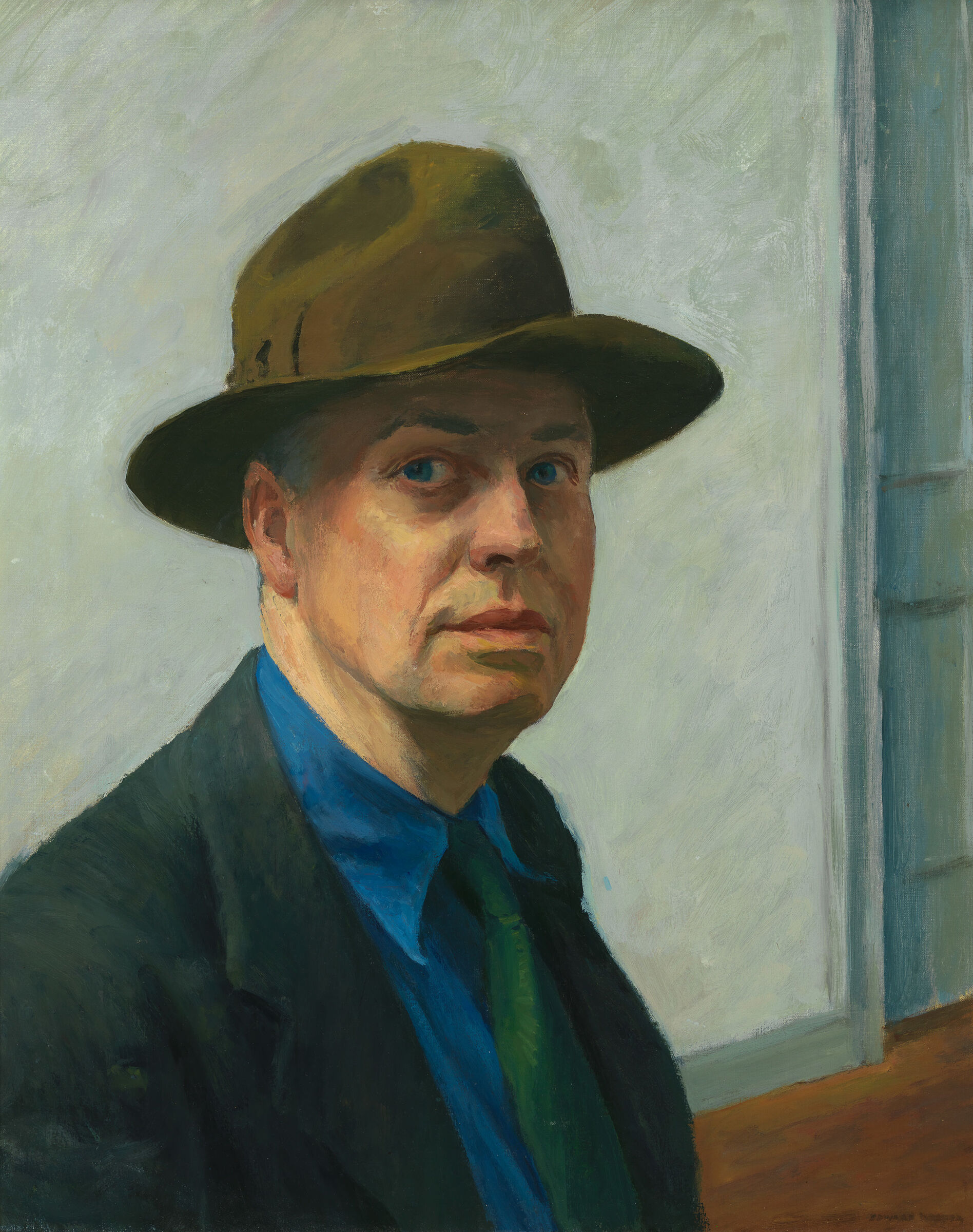 A painting of Edward Hopper, wearing a brown hat, against a pale background.
