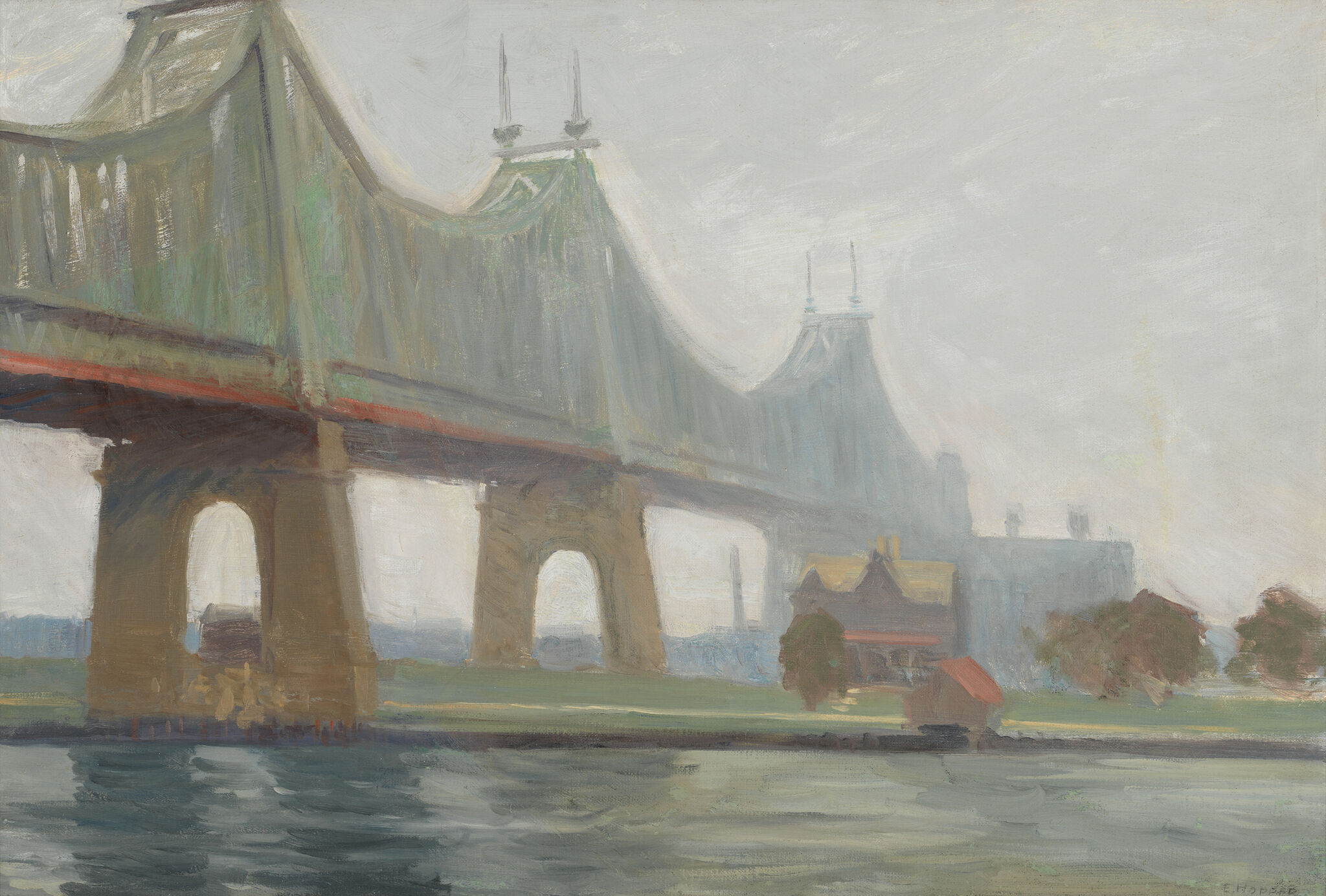 Oil painting of Queensborough Bridge in foggy weather.
