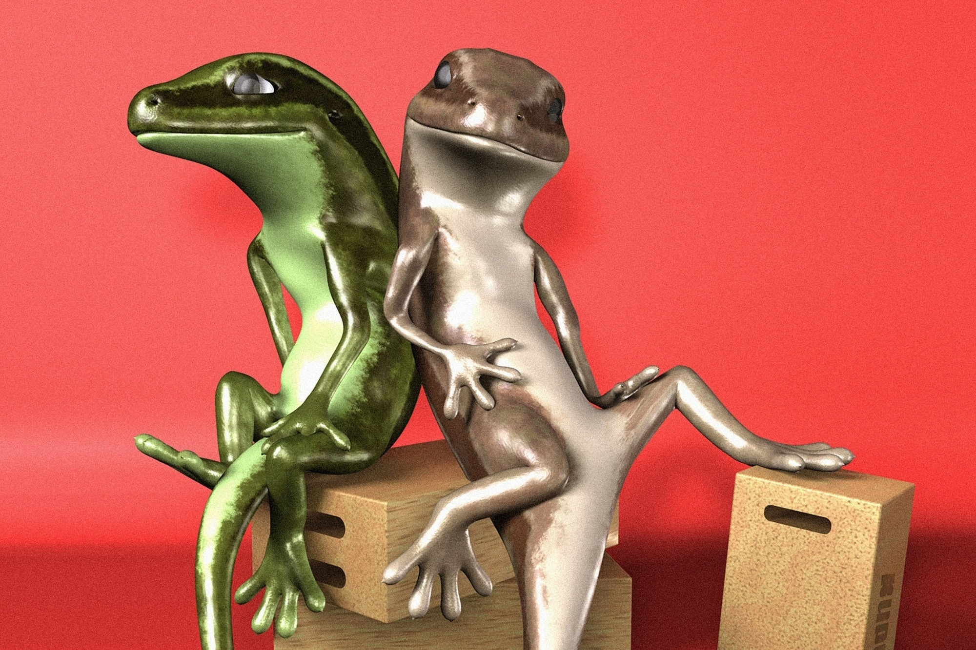 A film still featuring two animated lizards sitting next to each other with a red backdrop behind them.