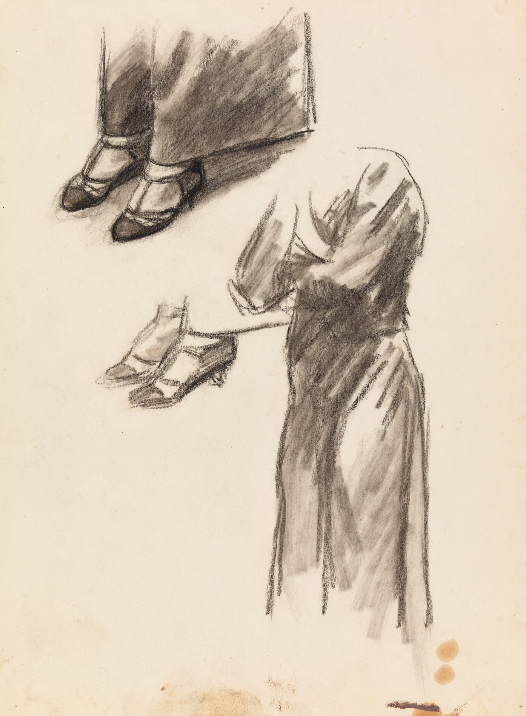 Sketches of a woman's shoes and her dress.