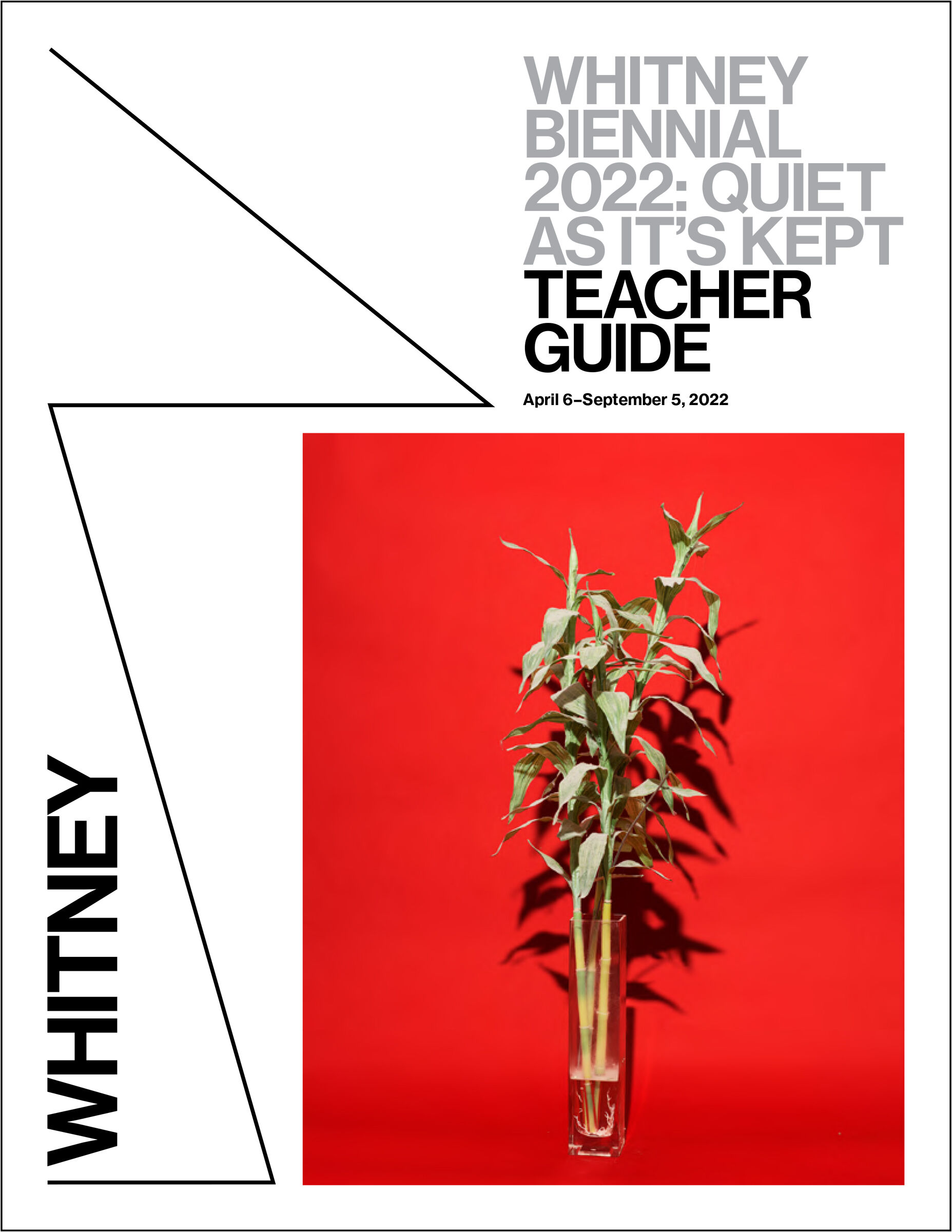 Cover image of the Teacher Guide for Whitney Biennial 2022: Quiet as It's Kept, with an image of a plant in a vase against a red backdrop.
