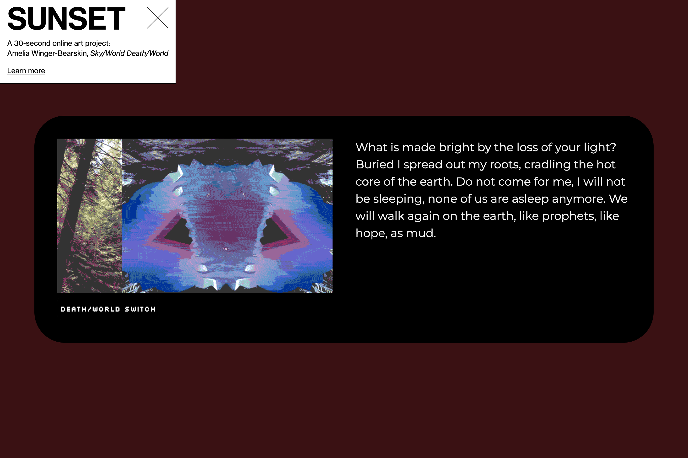 Screenshot of webpage with a diptych image on the left, with trees on one side and blue and purple mirrored shapes on the other, and a poem on the right. The image and the poem are contained within a black shape, with a maroon background behind.