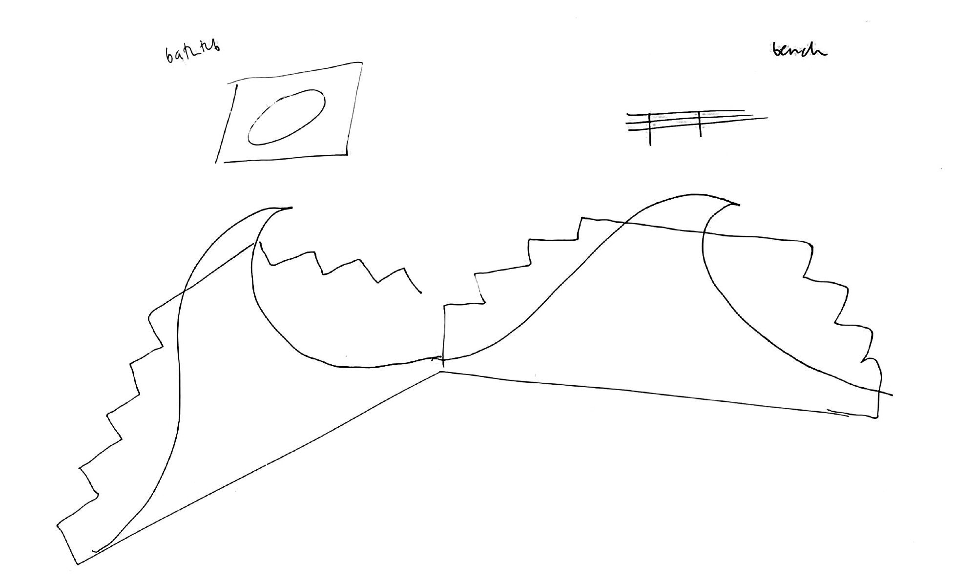 There is a drawing in black pen of two wave shapes, hinged diagonally and each set against step-like pyramidal forms. Above the left wave, there is a drawn oval inside a rectangle, labeled "bathtub." Above the right, there is a simply rendered bench, labeled "bench."