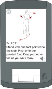 Diagram of a small device with directions on the screen of how to stand and move, with an image of a man and arrows pointing to indicate movement.
