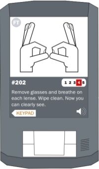 Diagram of a small device with directions on the screen to remove and breath on your glasses, with an image of two hands making a glasses shape with fingers.