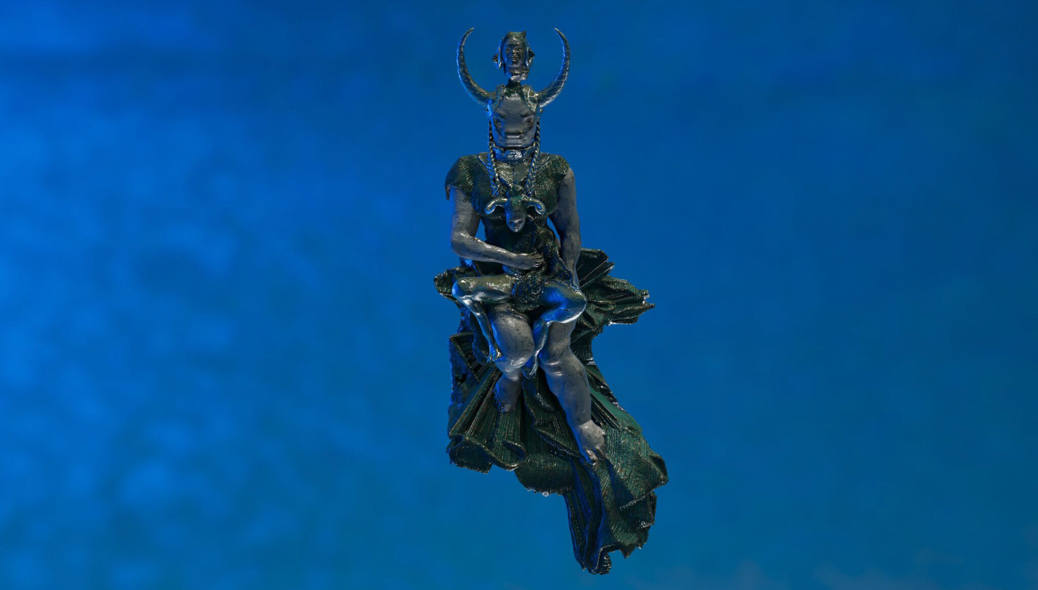 A 3D model of a creature with horns hovers in a deep blue digital environment. 