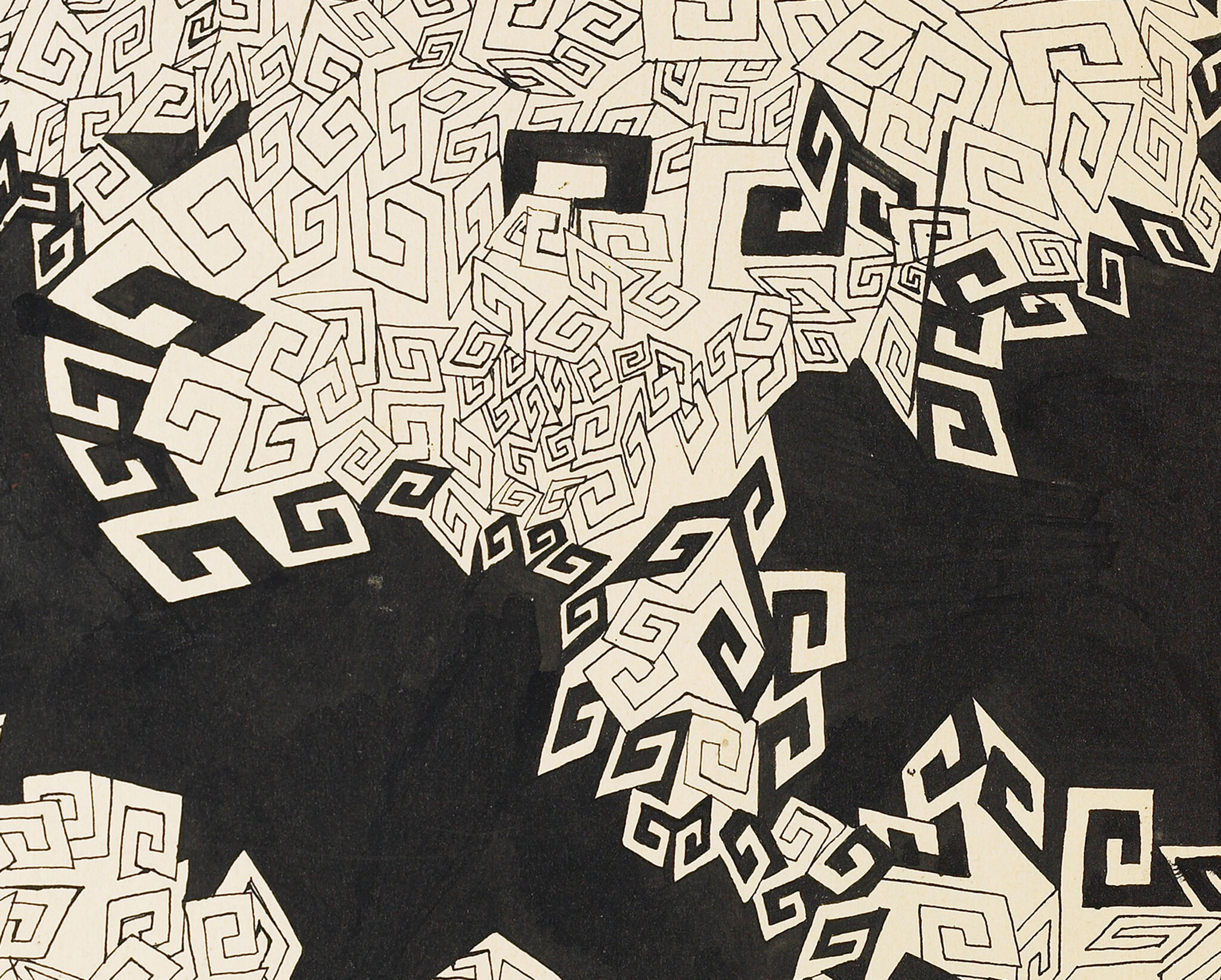 Abstract black ink drawing on white paper.An ink drawing of many connected angular swirls outlined in black extend from the top of the canvas and funnel down to the bottom right. The bottom left is also populated by two groups of the same angular swirls. 