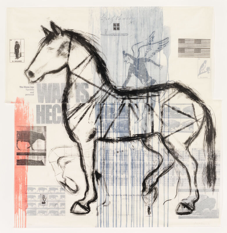 A brushy black outline of a horse overlayed on top of printed details in the background including american flags, the words “War is Heck”, images of a soldier, buffalos, cows and a winged figure. 