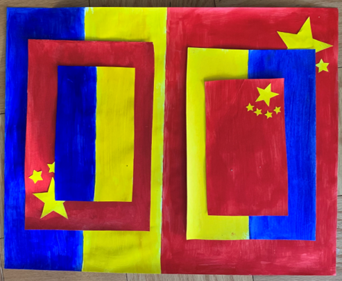 Collage work incorporation the Chinese and Ukrainian flags.