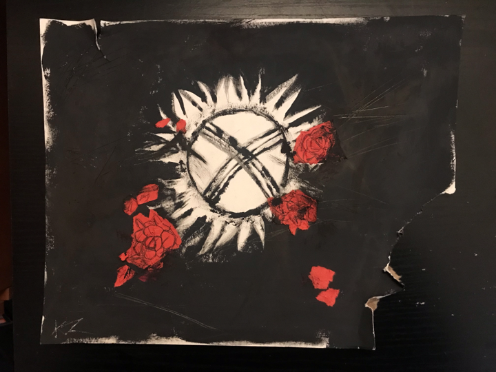 Drawing of a white solar figure and red flowers on a black background.