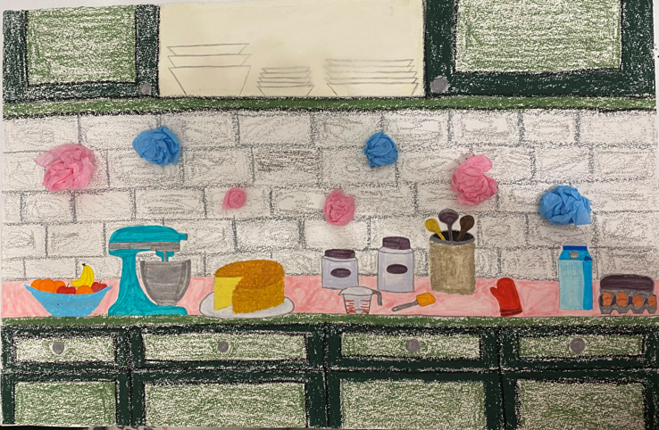 Drawing of a kitchen countertop with baking accessories.