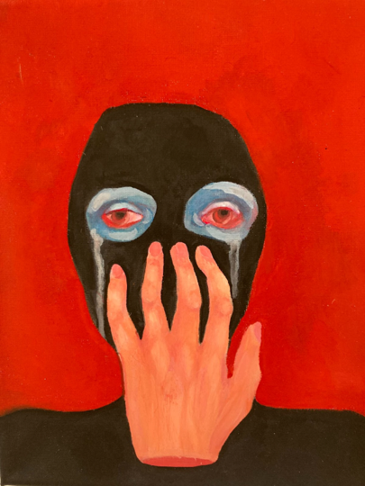 Masked face covered by a hand against a red backdrop.