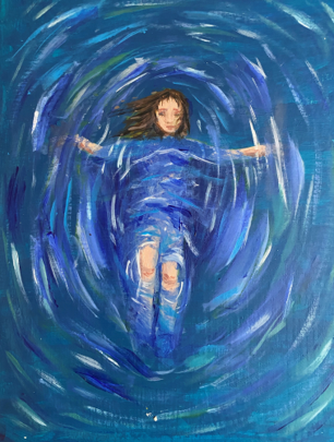 Girl falling into an abstracted blue background.