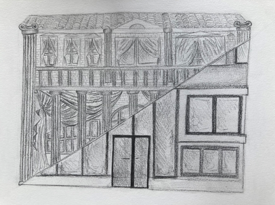 Graphite drawing of a building split between traditional and modern architecture.